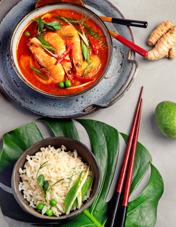 Red curry with chicken in bowl on light gray background. Traditional Asian food. Top view, flat lay, copy spaceの写真素材