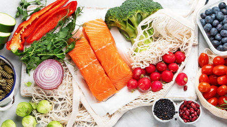 Healthy food assortment. Clean eating concept. Flat lay, top viewの写真素材