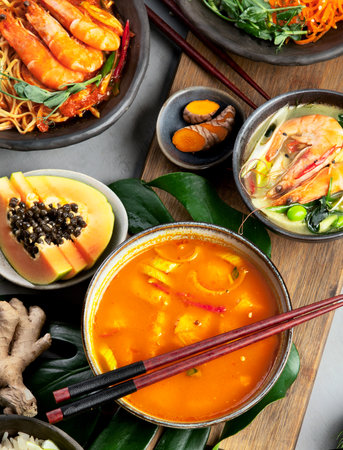 Asian dishes variety on gray background. Traditional food cocnept. Top view, flat layの写真素材