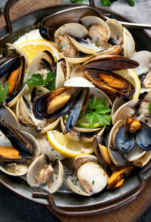 Venus vangole on gray background. Traditional Mediterranean food concept. Top viewの写真素材