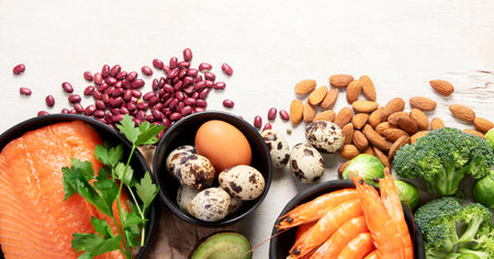 Food rich in omega 3 fatty acid and healthy fats on a light background. Healthy keto and low carb diet eating concept. Top view. Copy space.の写真素材