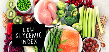 Foods with low glycemic index Healthy food concept. Top view, flat layの写真素材