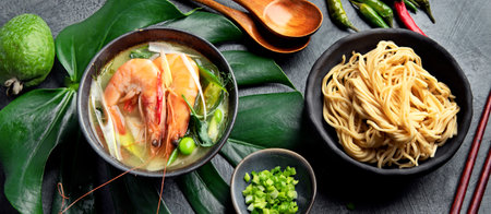 Green curry with chicken in bowl on dark background. Traditional Asian food. Top view, flat lay, copy spaceの写真素材