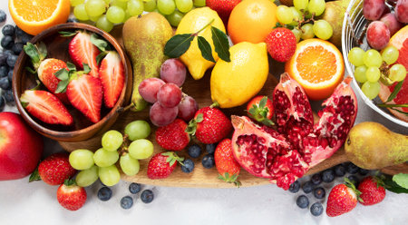 Assortment of colorful ripe tropical fruits Healthy food concept.の写真素材