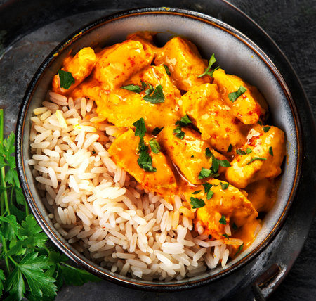 Indian butter chicken curry with basmati rice on dark background. Traditional homemade food concept. Top viewの写真素材