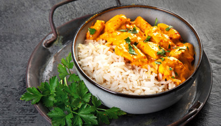 Indian butter chicken curry with basmati rice on dark background. Traditional homemade food concept. copy spaceの写真素材