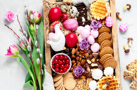 Easter table settng with an assortment of desserts and treats. Top view over a white. Spring holiday food concept.の写真素材