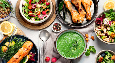 Healthy food assortment. Dieting concept. Flat lay, top viewの写真素材