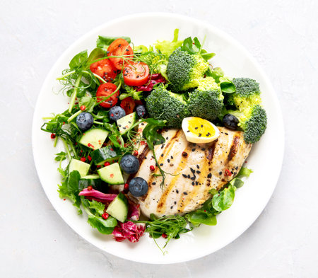 Ketogenic diet meals assortment. Healthy eating concept. Flat lay, top view, copy spaceの写真素材