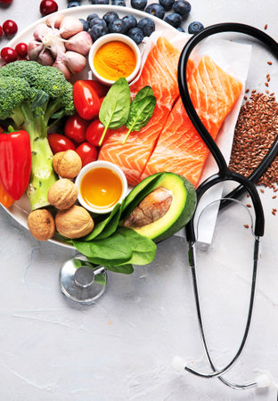 Foods for healthy hearing. Food for healthy heart, brain and good memory. High in antioxidants, minerals and vitamins. Top view, flat lay, copy spaceの写真素材