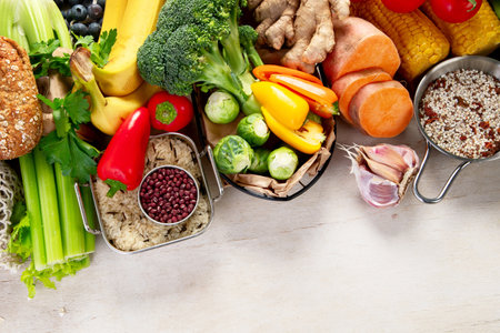 Food lot of carbs on light background. Selection of good sources of carbs. Healthy food concept. Top view. Copy space.の写真素材