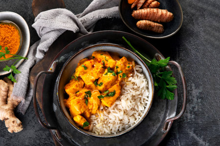 Indian butter chicken curry with basmati rice on dark background. Traditional homemade food concept. Top view, copy space, flat layの写真素材