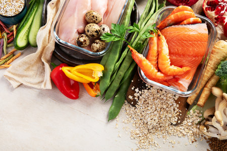 Healthy food products. Vegetables, fish, meat, nuts, seeds, berries on a white background, top view. Copy space.の写真素材