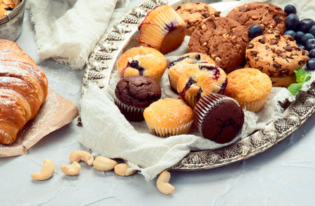 Dessert table with all kinds of snacks. Candy bar. Celebration concept.の写真素材