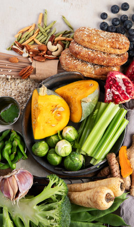 Vegan protein food on a light background. Full set of vegetarian food sources. Healthy eating, diet ingredients. Top view.の写真素材