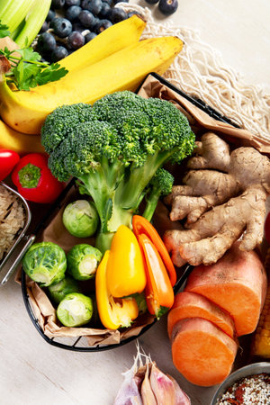 Food lot of carbs on light background. Selection of good sources of carbs. Healthy food concept. Top view.の写真素材