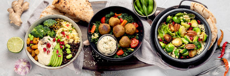 Vegan dishes assortment Mediterranean diet concept. Flat lay, top viewの写真素材