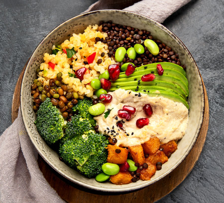 Budha bowl on dark background. Healthy food concept.の写真素材