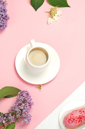 Composition with cup of coffee on color background. Spring natural background.の写真素材
