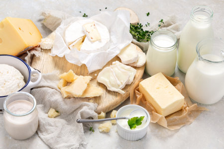 Fresh dairy products on a light background. Healthy food. Top view.の写真素材