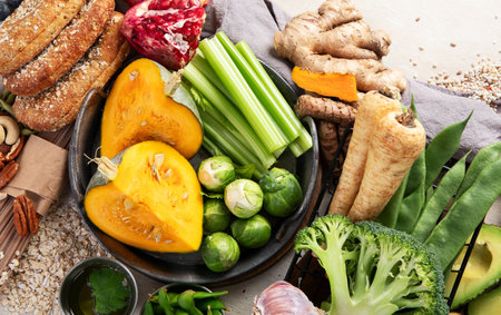 Vegan protein food on a light background. Full set of vegetarian food sources. Healthy eating, diet ingredients. Top view.の写真素材