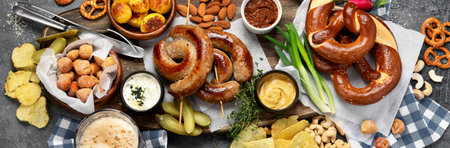Octoberfest dinner table concept with grilled pork sausages, pretzel pastry, potatoes, salad, snacks, sauces, beer on dark background, top view. Panorama.の写真素材