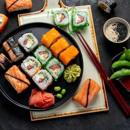 Sushi assortment on dark background. Japanese traditional luxury meal concept. Top view.の写真素材