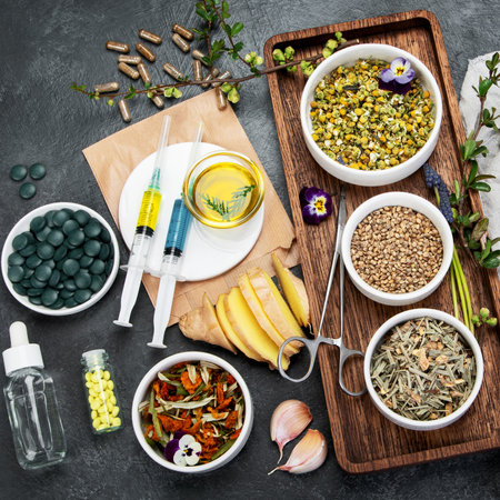 Assortment of herbal and traditional medicine. Natural homeopathic remedies. Top view.の写真素材