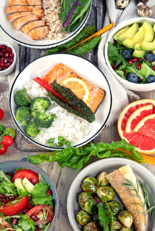 Table of various healthy food dishes. Healthy food assortment.の写真素材