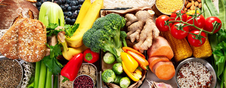 Food lot of carbs on light background. Selection of good sources of carbs. Healthy food concept. Top view. Panorama.の写真素材