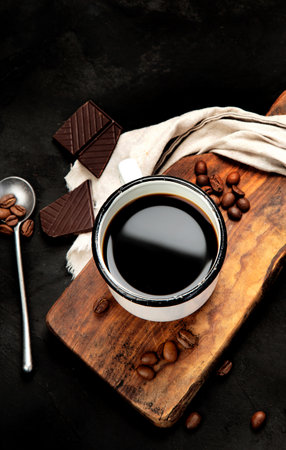 coffee on dark background. Hot beverage. Breakfast concept. Top view, flat layの写真素材