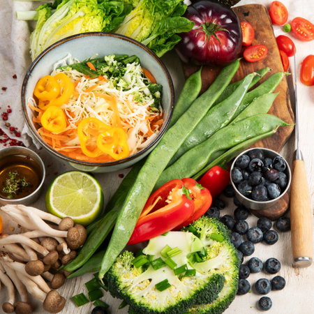 Ingredients for vegetable salad. Delicious healthy food. Vegan concept. On a light background, top view.の写真素材
