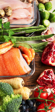 Healthy food products. Vegetables, fish, meat, nuts, seeds, berries on a white background, top view.の写真素材