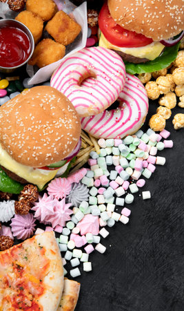 Unhealthy products. Assortment of fast carbohydrates food with fries and cola on a dark background. Top view. Copy space.の写真素材