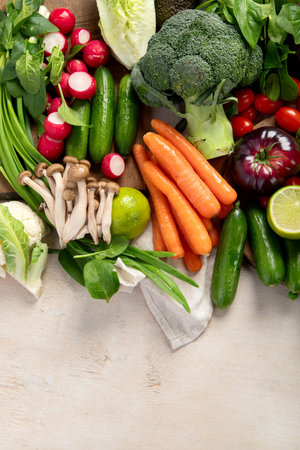Organic fresh vegetables on a light background. Vegetarian, vegan concept. Top view. Copy space.の写真素材