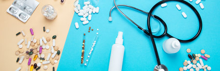 Various medical equipment, ampoules, drugs, tablets, capsules, spray on yellow/blue background. Top view. Panorama.の写真素材