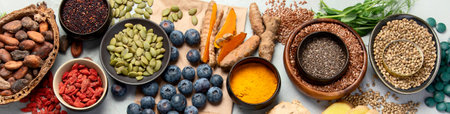 Healthy food clean eating selection on light background. Superfood assortment. Top view, panorama.の写真素材