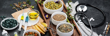 Assortment of herbal and traditional medicine. Natural homoeopathic remedies. Panorama.の写真素材