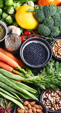 Healthy organic food on a dark background. Vegan and vegetarian diet food concept. Clean eating. Top view.の写真素材