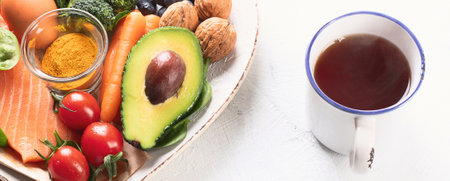 Best food for healthy brain and memory ina plate on a white backgrount. Top view. Panorama.の写真素材
