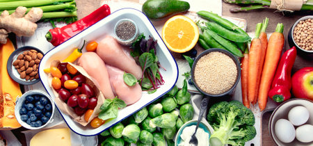 Balanced diet background. Healthy eating and cooking concept with fresh fruits, vegetables, superfood and chicken. Top view.の写真素材