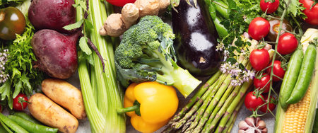 Assortment of raw organic vegetables. Detox diet. Healthy eating background. Vegan and vegetarian concept. Top view.の写真素材