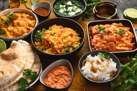 Traditional Indian food on a black background. Indian cuisine. Top view.の写真素材
