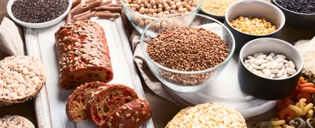 Various gluten free foods on a wooden background. Top view. Panorama.の写真素材