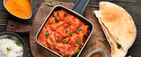 Various traditional Indian cuisine dishes on a wooden background. Top view. Panorama.の写真素材