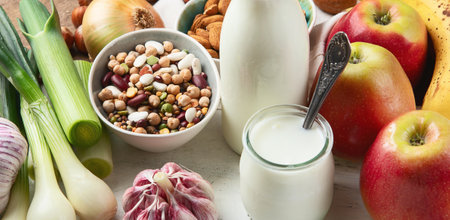 Assortment of food high in probiotic. Healthy diet eating. Top view.の写真素材
