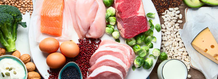 Best high protein foods on a wooden background. Healthy eating concept. Health and body building food. Top view. Panoramaの写真素材
