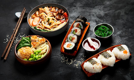 Assorted gourmet Japanese dishes. Set of sushi, rolls, soup and rice on a black background. Top view.の写真素材