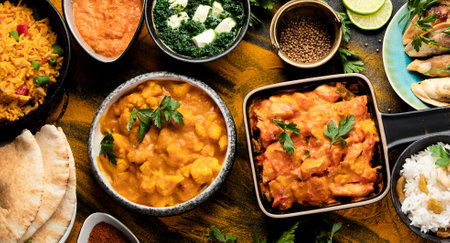 Traditional Indian food on a black background. Indian cuisine. Top view. Panorama with copy space.の写真素材