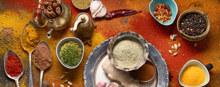 Colorful spices for cooking. Indian spices background. Top view. Panorama.の写真素材